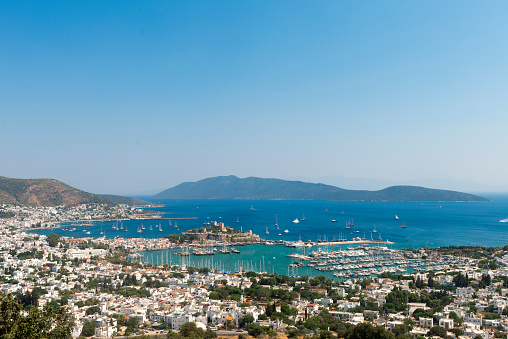 Aerial view of Bodrum on Turkish Riviera. View on Saint Peter Castle Bodrum castle and marina.