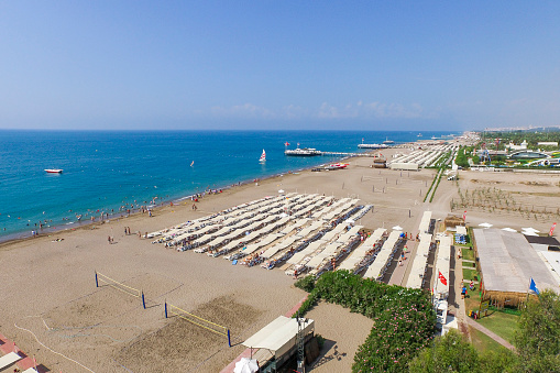 Beach and Clean Sea in Antalya, Side. Aerial view.
