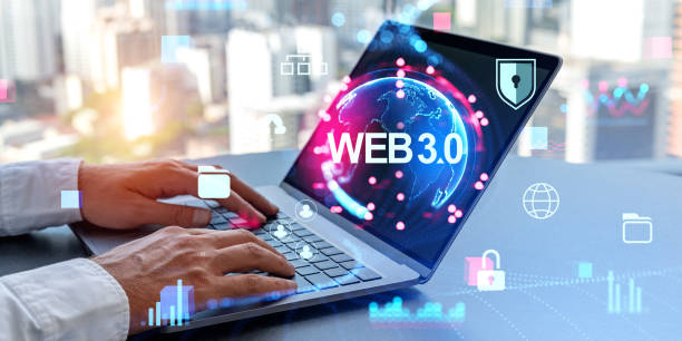 istock Man hands typing on laptop with web 3.0 hologram 1896813549