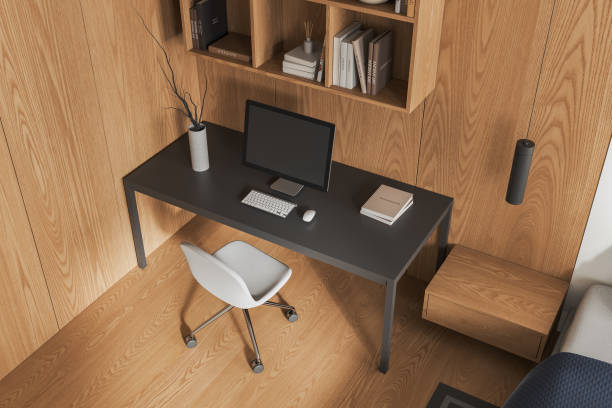 istock Top view wooden home bedroom interior with workspace, chair and pc desktop 1896813587