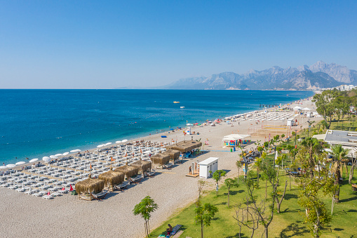 Aerial view of  Long Konyaalti beach in Antalya, Turkey.
