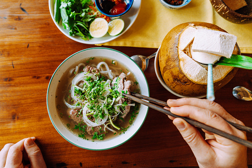 Pho, Vietnamese noodle soup, Vietnamese Rice Noodle Soup with Beef\nSaigon, Vietnam