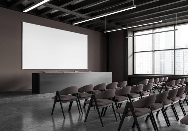 istock Dark auditorium interior with chairs and panoramic window, mock up banner 1896813804