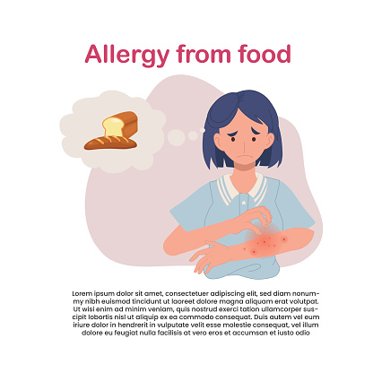 Allergic Reaction Concept. Female Showing Symptoms of Allergy with Red Rash Suffering from Bread Wheat Sensitivity.