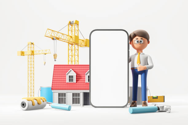 istock Cartoon man near phone mock up display and house construction, hardware store 1896813997