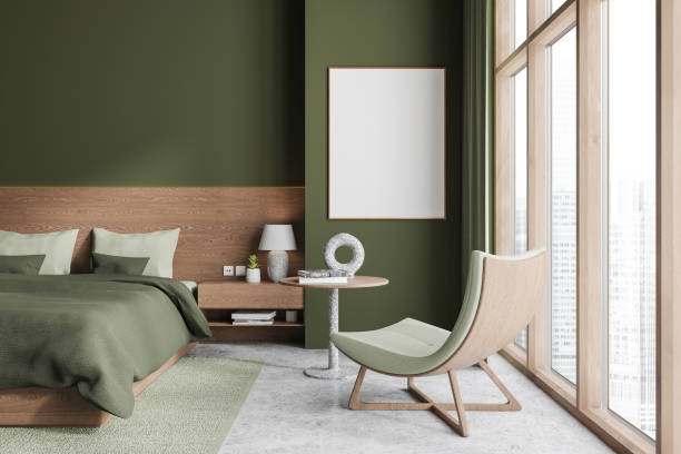 istock Green home bedroom interior with bed, chaise longue and window. Mockup frame 1896814006
