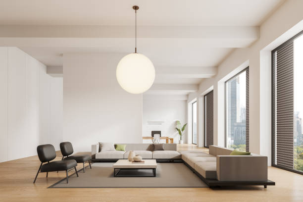 istock Cozy business interior with relaxing and coworking area, panoramic window 1896815069