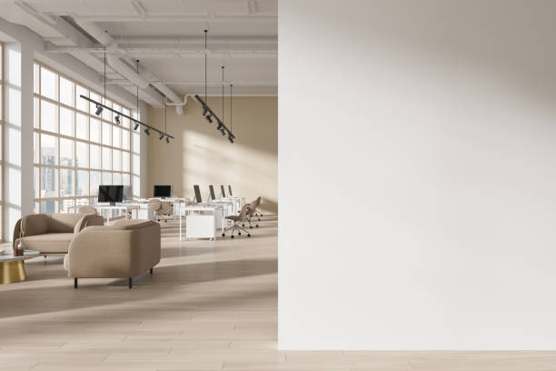 istock Cozy business interior with relax and coworking space, window. Mock up wall 1896815076