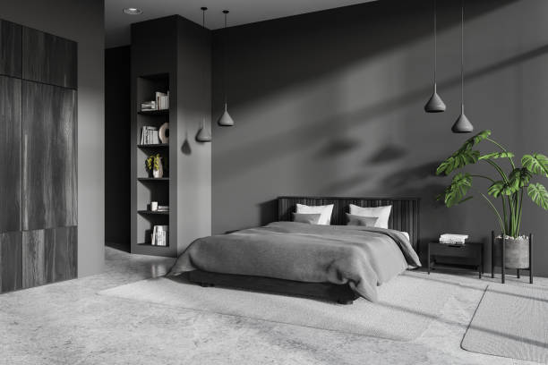 istock Grey home bedroom interior with bed and shelf with decoration, shelf with decor 1896818662