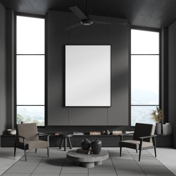 istock Black home relax room interior armchairs and window, mockup frame 1896819173