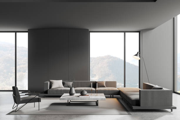 istock Grey home living room interior with relax place and panoramic window 1896820207