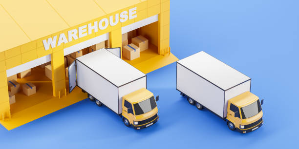 istock Warehouse with parcels, delivery van with mockup copy space 1896822267