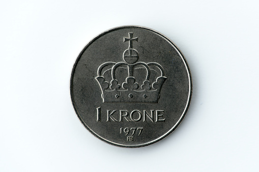 Close-up of one crown coin of Norway against white background. Photo taken December 31st, 2023, Zurich, Switzerland.