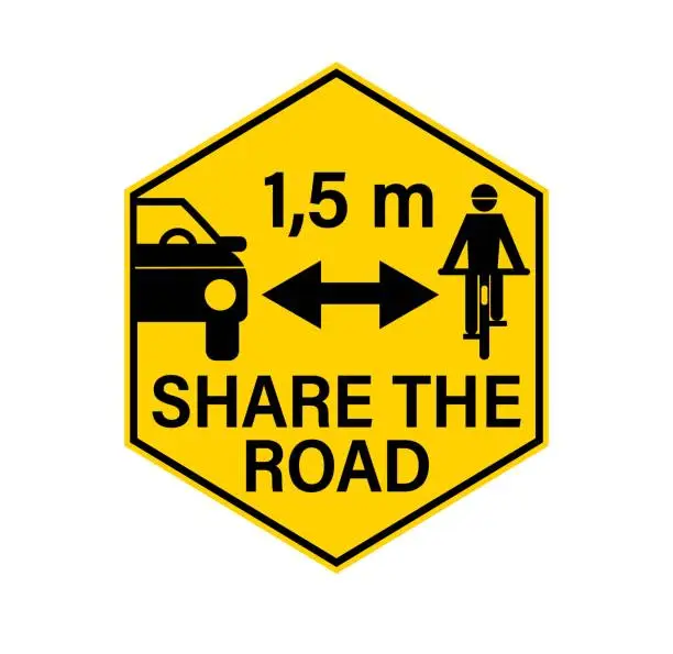 Vector illustration of Share the road, pass cyclists safely and keep safety distance. Warning yellow hexagon sign