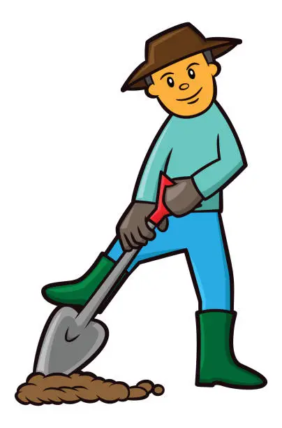 Vector illustration of Farmer digging soil cartoon