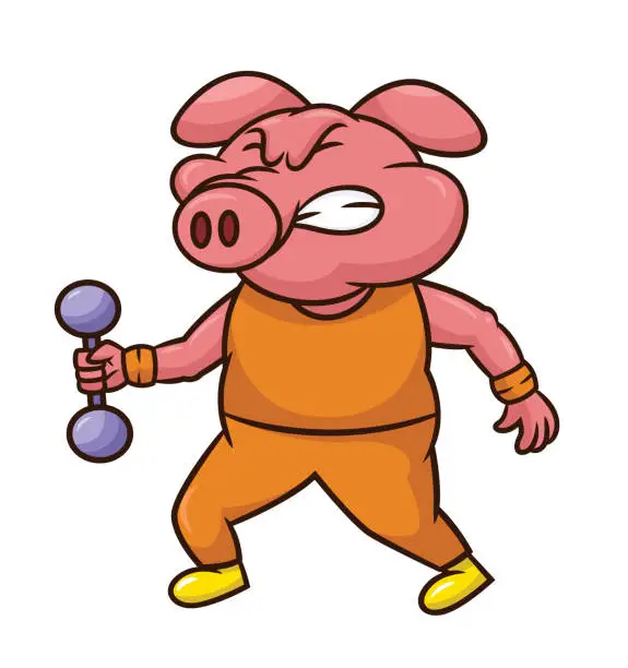 Vector illustration of Pig lifting dumbbell cartoon
