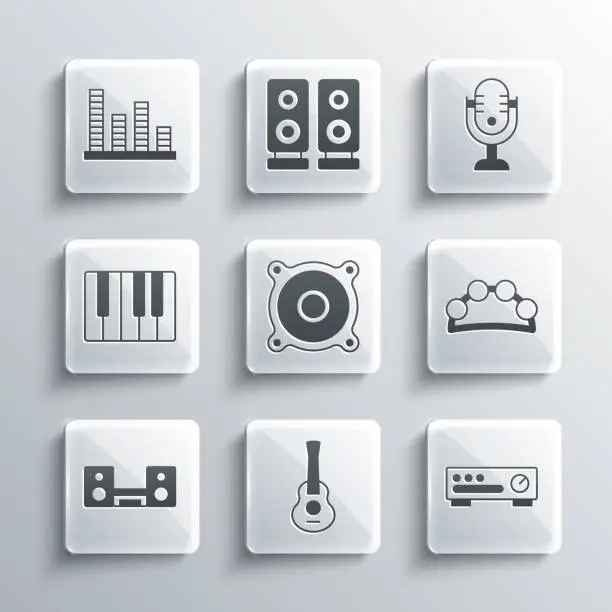 Vector illustration of Set Guitar, Sound mixer controller, Tambourine, Stereo speaker, Home stereo with two speakers, Music synthesizer, equalizer and Microphone icon. Vector