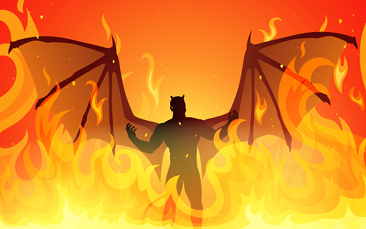 Vector illustration featuring the devil in a fiery inferno