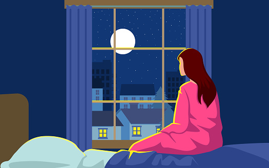 Serene night with this cartoon illustration. A young woman, in cozy sleepwear, sits on her bed, gazing through the window at the tranquil townscape illuminated by the gentle glow of a full moon