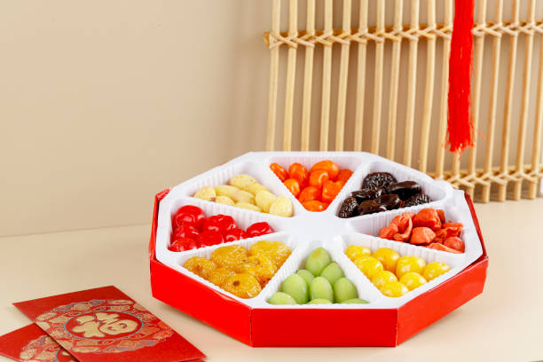 A Box of Eight Varian Candied Sweet Fruit stock photo
