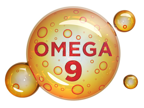 Omega 9 capsule. Golden balls with bubbles. 3d illustration isolated on white