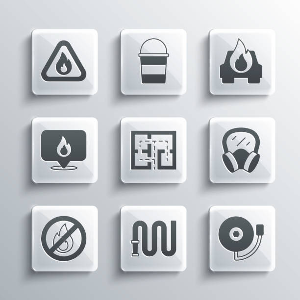 Set Fire hose reel, Ringing alarm bell, Gas mask, Evacuation plan, No fire, Location with flame, triangle and Burning car icon. Vector Set Fire hose reel Ringing alarm bell Gas mask Evacuation plan No fire Location with flame triangle and Burning car icon. Vector. flammable cabinet stock illustrations