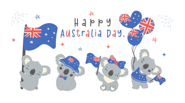 해피 오스트레일리아 데이 코알라 곰, 아기 동물의 그룹 축하 호주 국가의 날 만화 손 그리기 배너 - koala australian culture cartoon animal stock illustrations