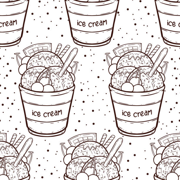 Three Scoop of Ice Cream Surface Pattern Design as Coloring Book and Page A cute line art illustration of a cup of ice cream with mint, strawberry and mint flavors. Topped with sprinklers, sauce, wafer rolls and a bar of chocolate. frozen coloring pages stock illustrations