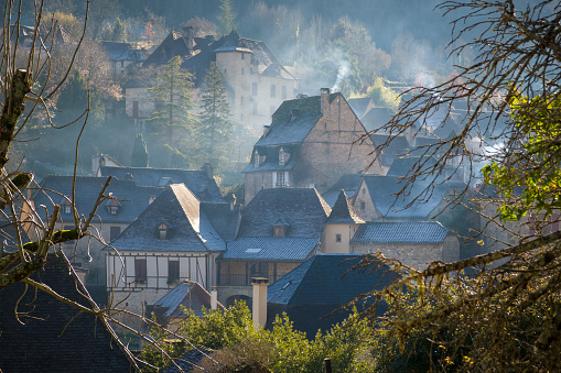 The medieval village of Autoire on a frosty winters morning in the Lot region of France