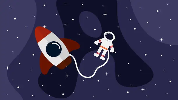 Vector illustration of Astronaut and Rocket in Space Flat Style
