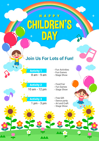Children's day Poster invitation vector illustration. Child flying in the sky on balloons