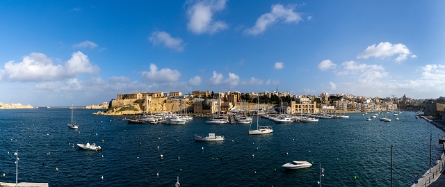 Valletta, Malta - 23 December, 2023: panorama view of the sports marina and harbor of Birgu in metropolitan Valletta