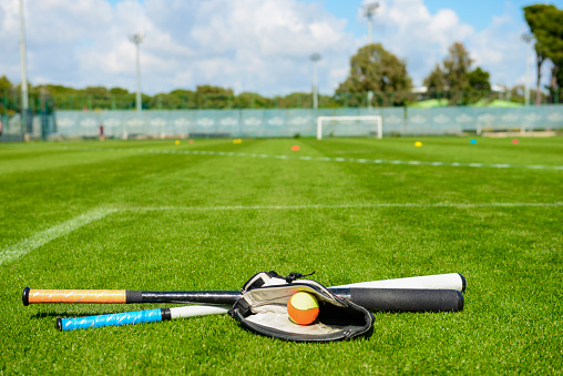 Baseball bat, ball and gloves on green field background.