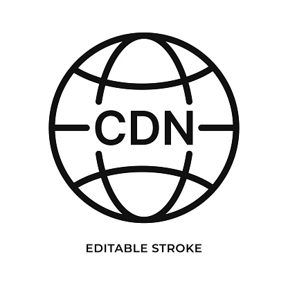 Content delivery network icon in the form of a globe. Abbreviation CDN. Isolated vector illustration. Editable stroke.
