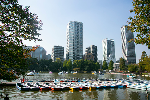 Tokyo, Japan; 1st October 2023: Artificial lake with boats and buildings in the background in Ueno Park in Tokyo, Japan.