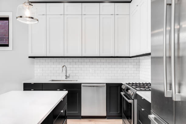istock A black and white kitchen detail with a subway tile backsplash. 1897189065