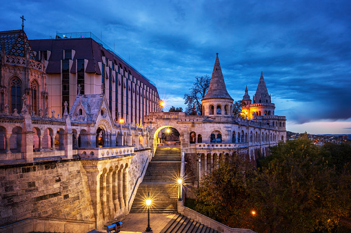 Fisherman's Bastion  is the panoramic viewing terrace with fairy tale towers in Budapest. View at night