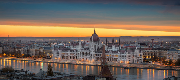 Budapest sunrise over cityscape on  the Danube River