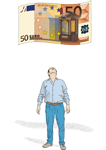 Man looking at money, fifty euro banknote, vector illustration