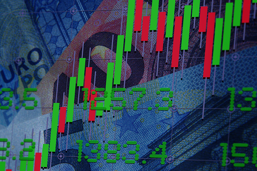 Graphic Composition of Financial Graph, Euros Paper Currency and Trading Screen Data.