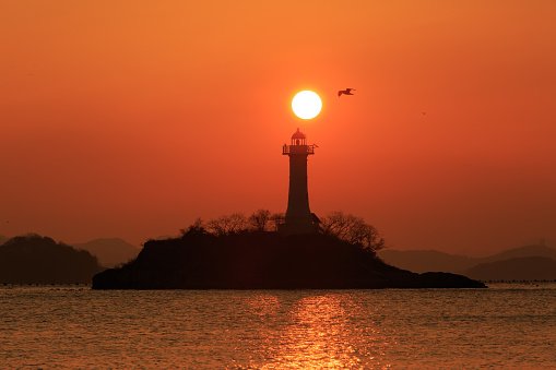 A sunrise in the sea at Sagungdumi Port in Masan, Korea