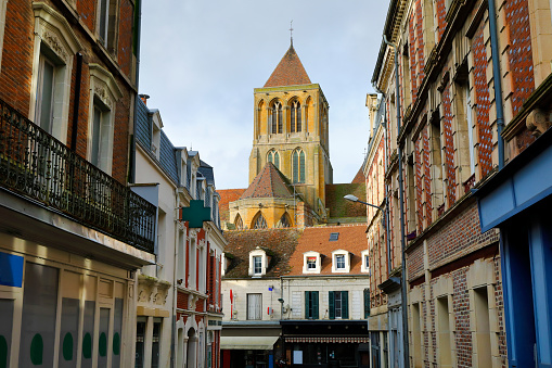 Amiens cityscape of old historical city centre with traditional houses, Amiens Cathedral Basilica of Our Lady Notre-Dame, Square Jules Bocquet, blue sky, Hauts-de-France Region, France landmarks