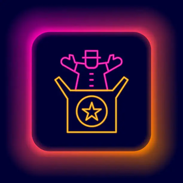 Vector illustration of Glowing neon line Jack in the box toy icon isolated on black background. Jester out of the box. Colorful outline concept. Vector