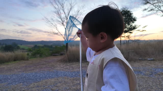 Playful Twilight Moments: Little Explorer with Butterfly Net Discovers the Beauty of Nature.