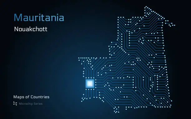 Vector illustration of Mauritania Glowing Blue Map with a capital of Nouakchott Shown in a Microchip Pattern. E-government.