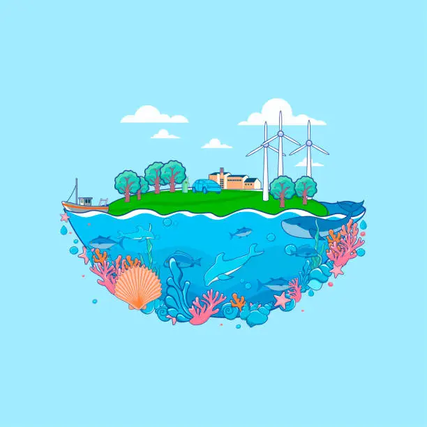 Vector illustration of Depict the protection of coral reefs and the restoration of marine ecosystems,Summer holiday illustration for world ocean day with underwater world, fish, coral reefs, seaweed, beautiful ocean, vector