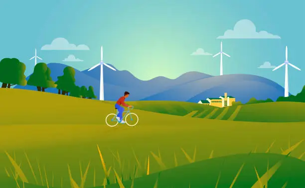 Vector illustration of Concept of green renewable energy. Illustrate scenes with solar panels and wind turbines, showcasing the use of clean energy to replace traditional fossil fuels.