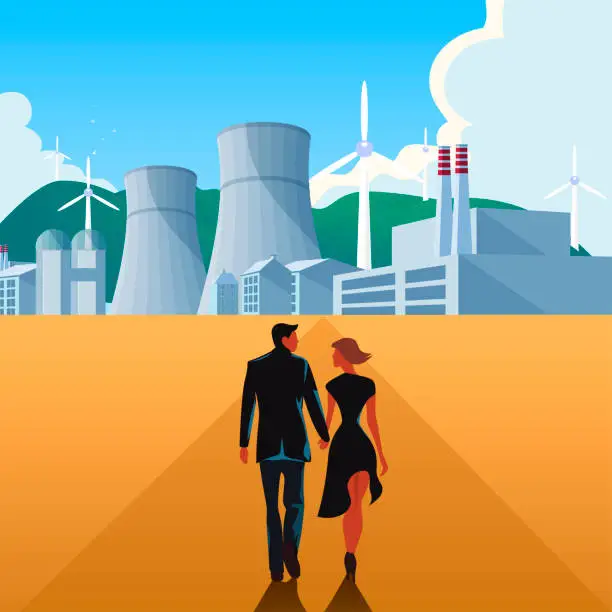 Vector illustration of Concept of green renewable energy. Illustrate scenes with solar panels and wind turbines, showcasing the use of clean energy to replace traditional fossil fuels.