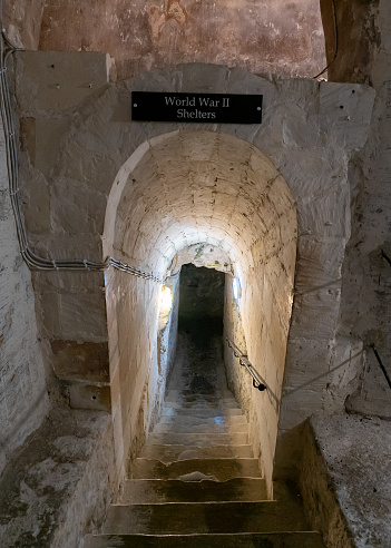 Rabat, Malta - 22 December, 2023: entrance to subterranean Wolrd War II shelters in the historic city center of Rabat
