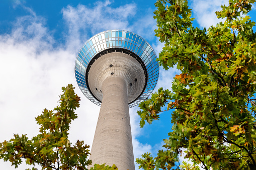 Rheintower against blue sky with clouds in Düsseldorf, Germany